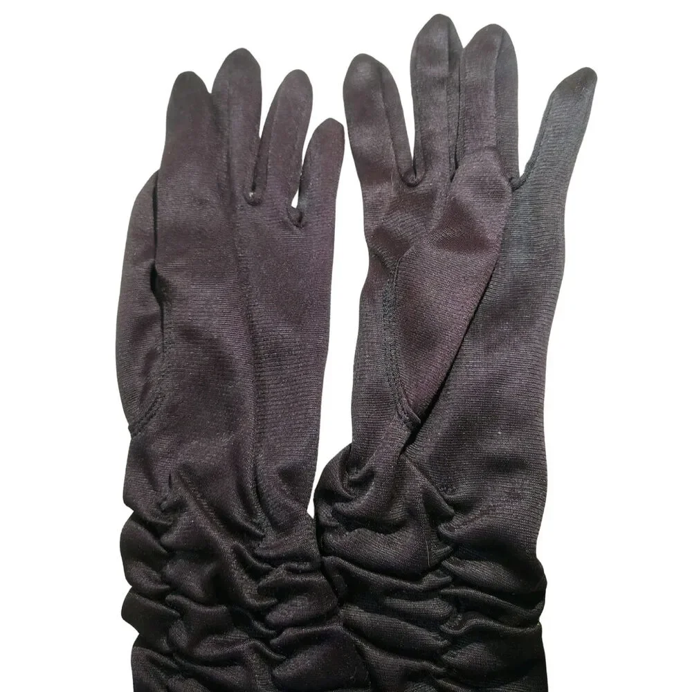 50s Brown Ruched Mid-Length Bracelet-Length Evening Gloves Stretch Nylon Size S